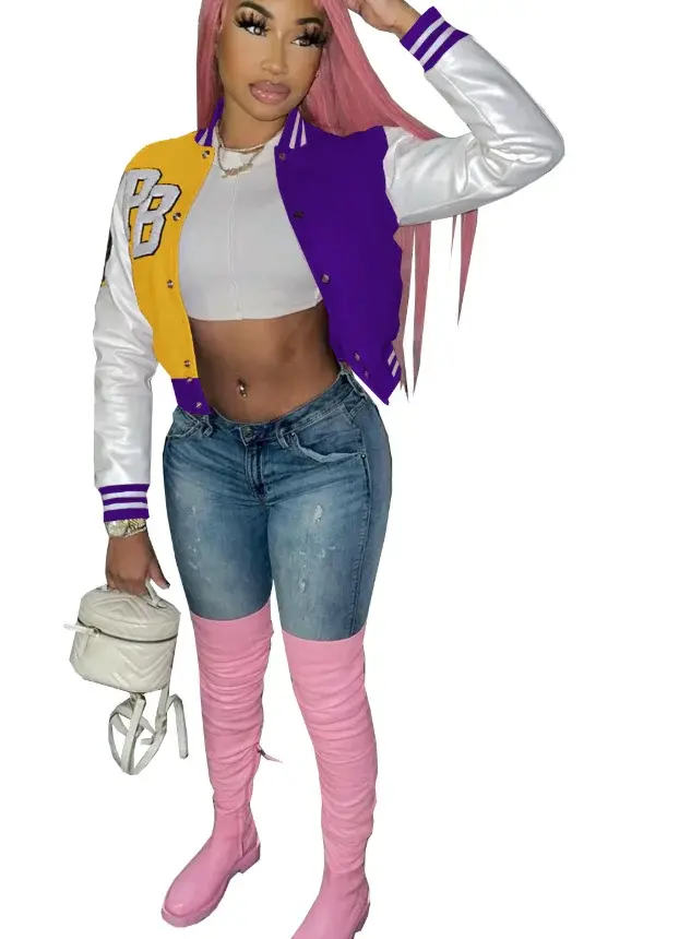 Thumbnail: Young woman in a jacket posing with a white purse and pink boots.