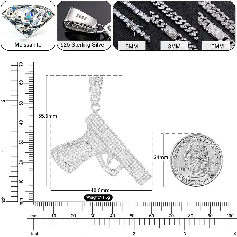 Thumbnail: 925 Sterling Silver Gun Pendant with chain 5MM 6MM 8MM 55.5mm 48.6mm Moissanite