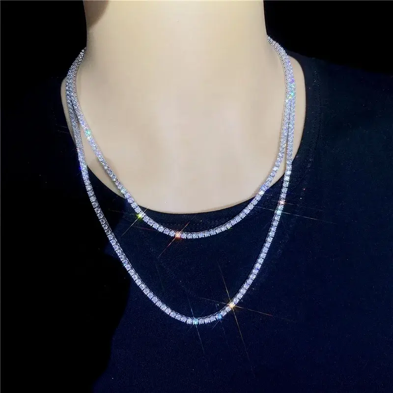 Thumbnail: Elegant silver necklaces sparkle on a person's neck against a black shirt.