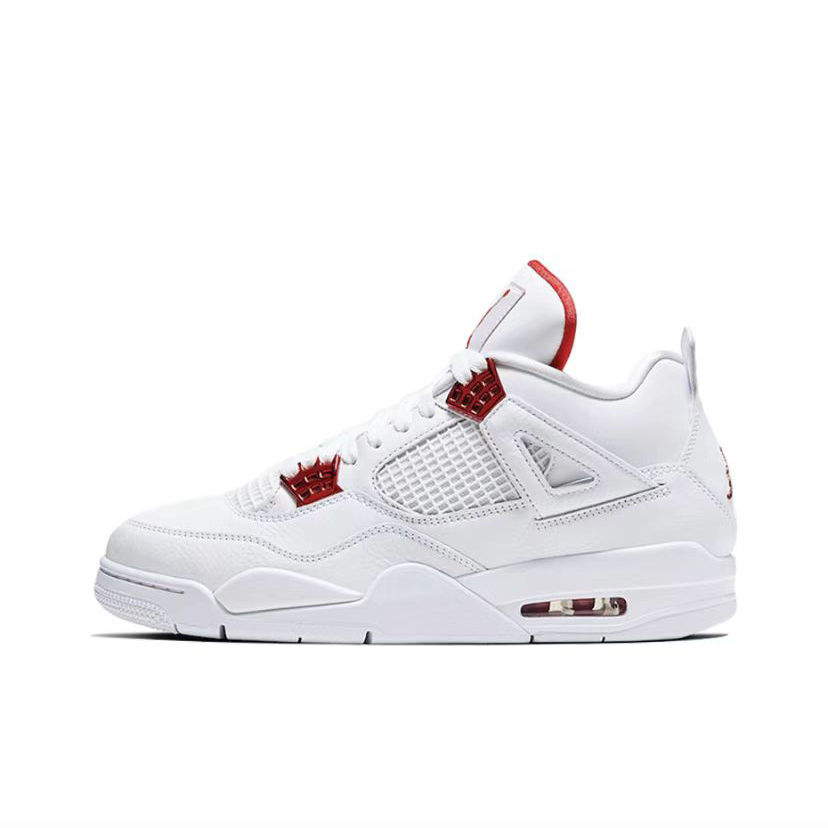 Thumbnail: White Men's High Top Trainers AJ 4S Retro Sneakers for Men Women, isolated background.