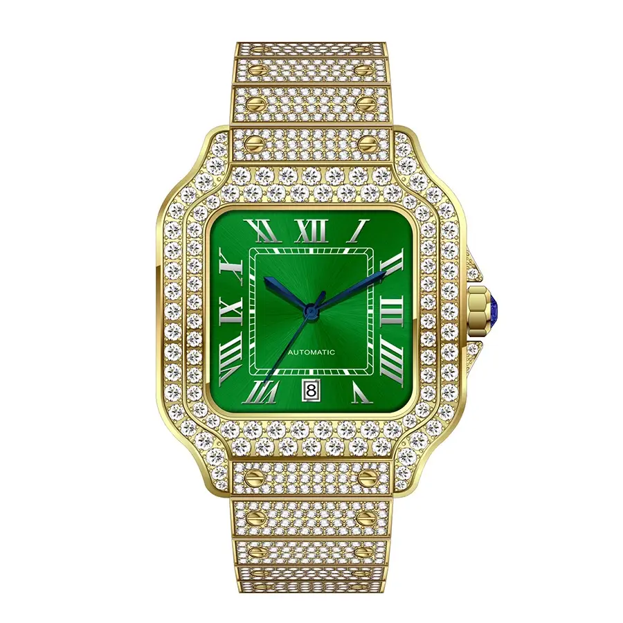 Thumbnail: Luxury watch with green face, roman numerals, and Factory High End Luxury Moissanite Diamond Watch Custom Stainless Steel.