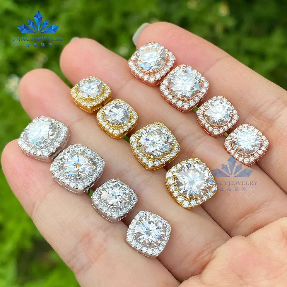 Thumbnail: Hand holding various diamond stud earrings, different shapes and colors on display.