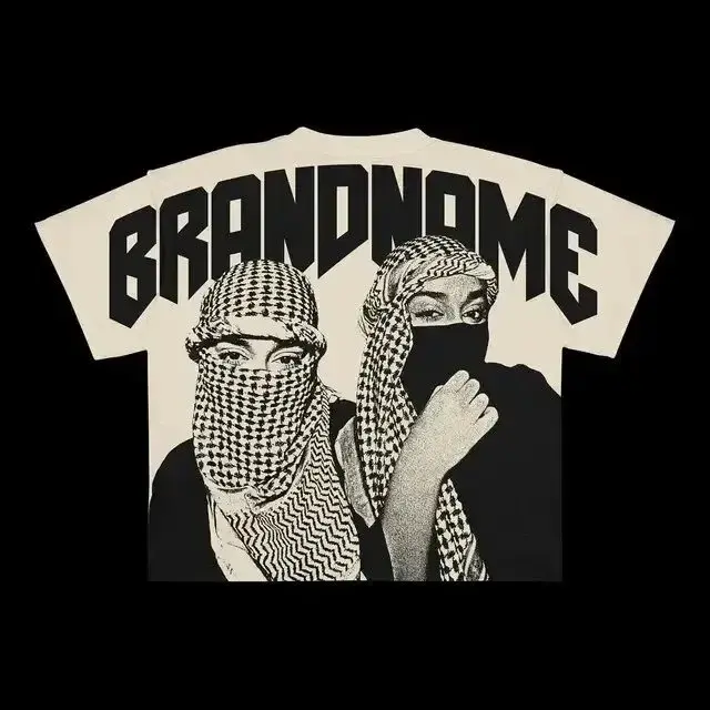 Thumbnail: T-shirt design featuring two people and the word BRANDNAME, black and white