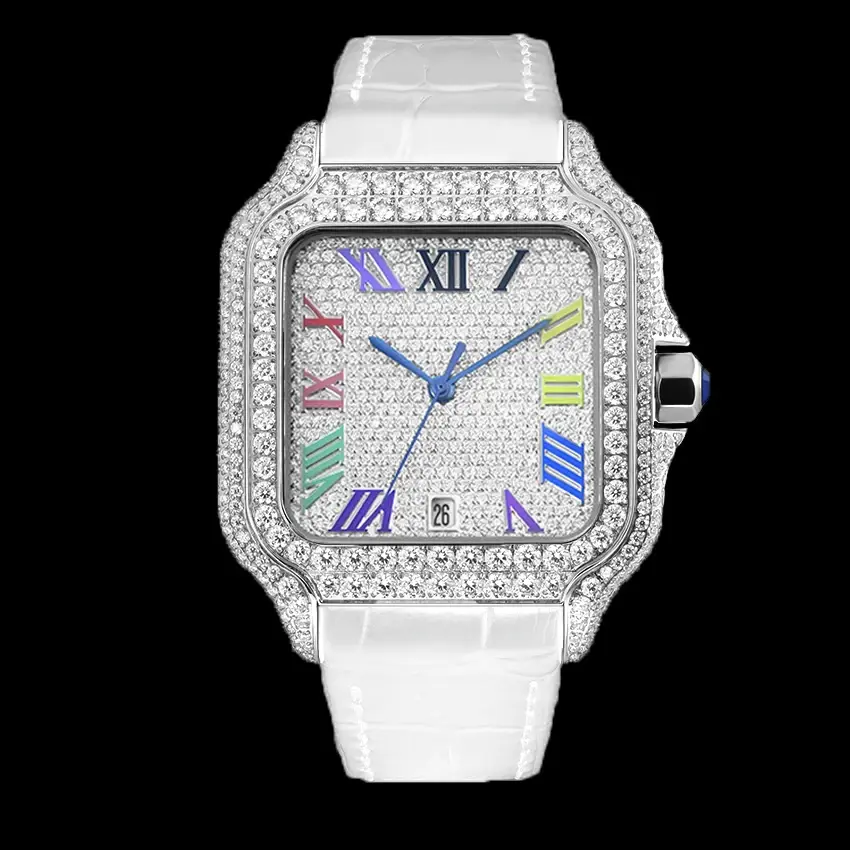 Thumbnail: Luxury diamond watch with white strap and colorful numbers on black background.