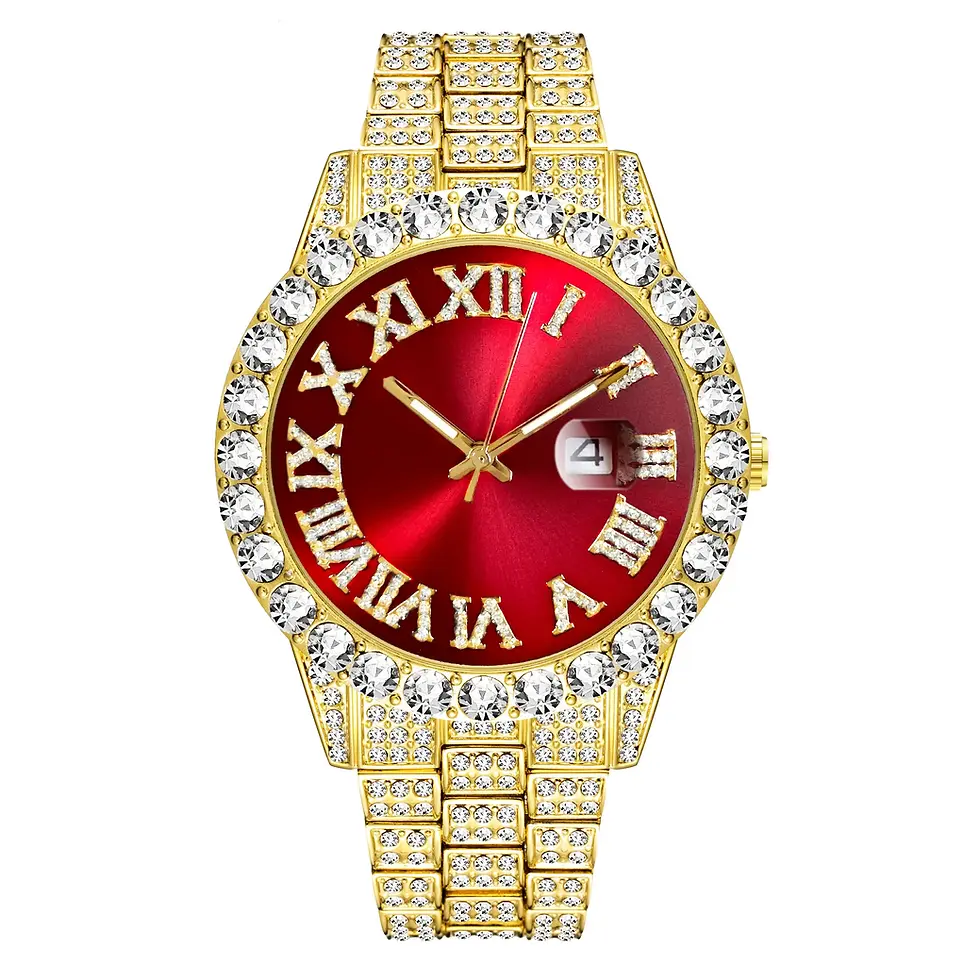 Thumbnail: Gold watch with red face and roman numerals, diamond encrusted details.
