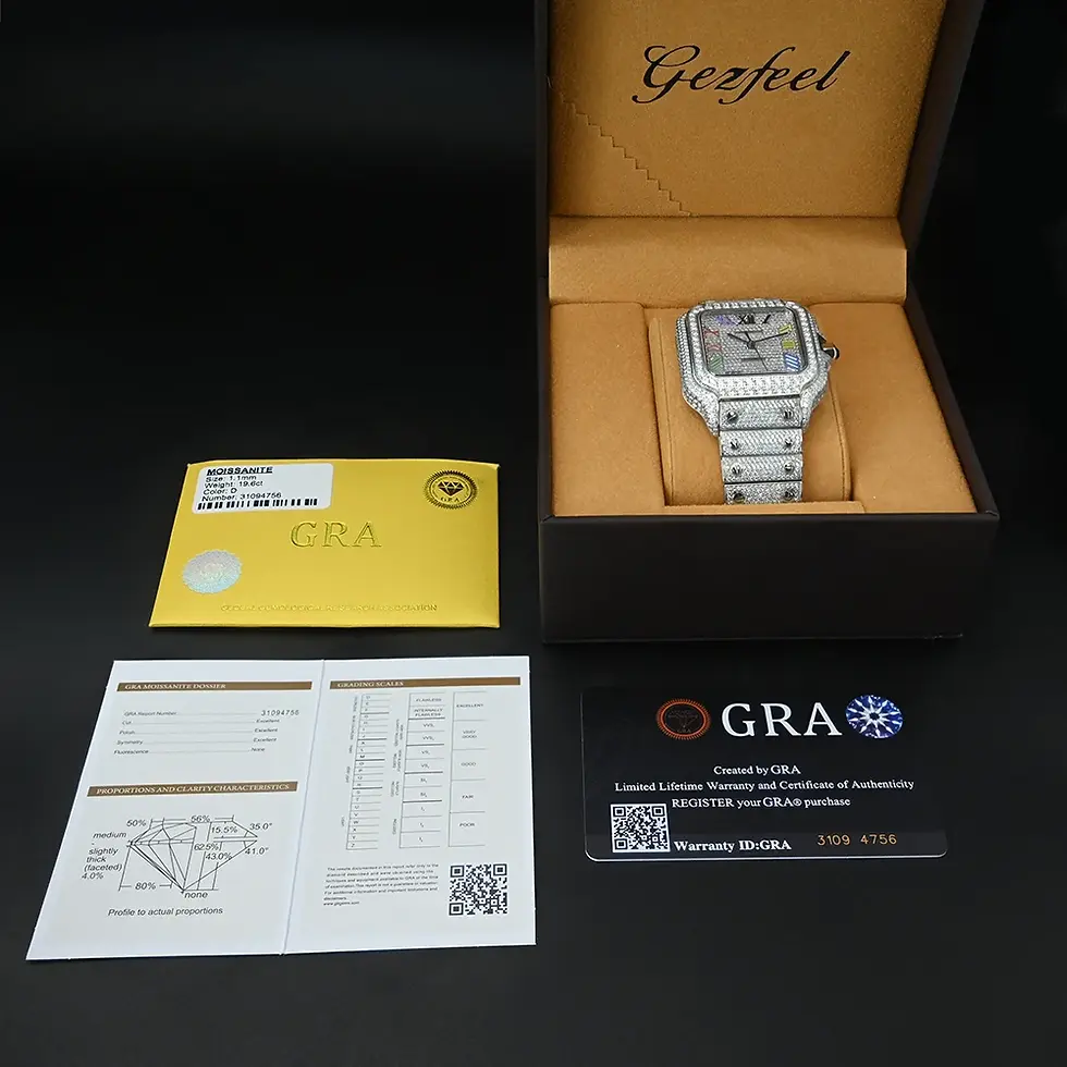 Thumbnail: Gorfeel watch in box with GRA certificate. Factory High End Luxury Moissanite Diamond Watch Custom Stainless Steel