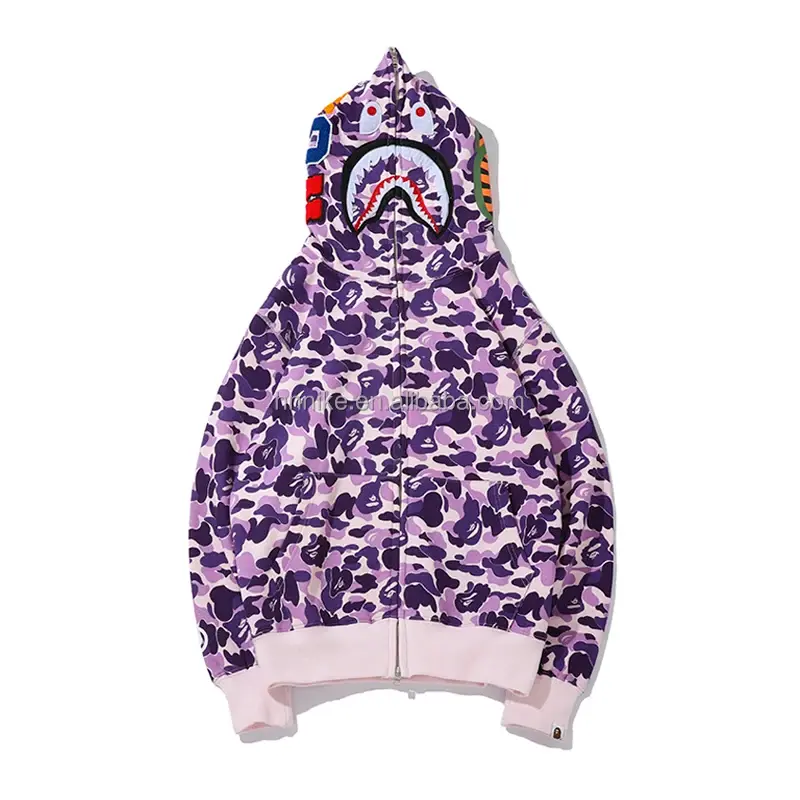 Thumbnail: Purple camo BAPE hoodie with shark face and text; fashion apparel.