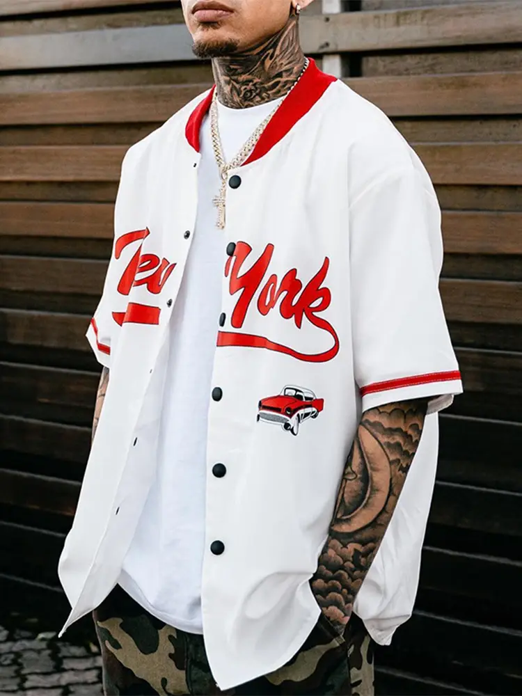 Thumbnail: Man wearing white and red New York baseball shirt; casual fashion style.