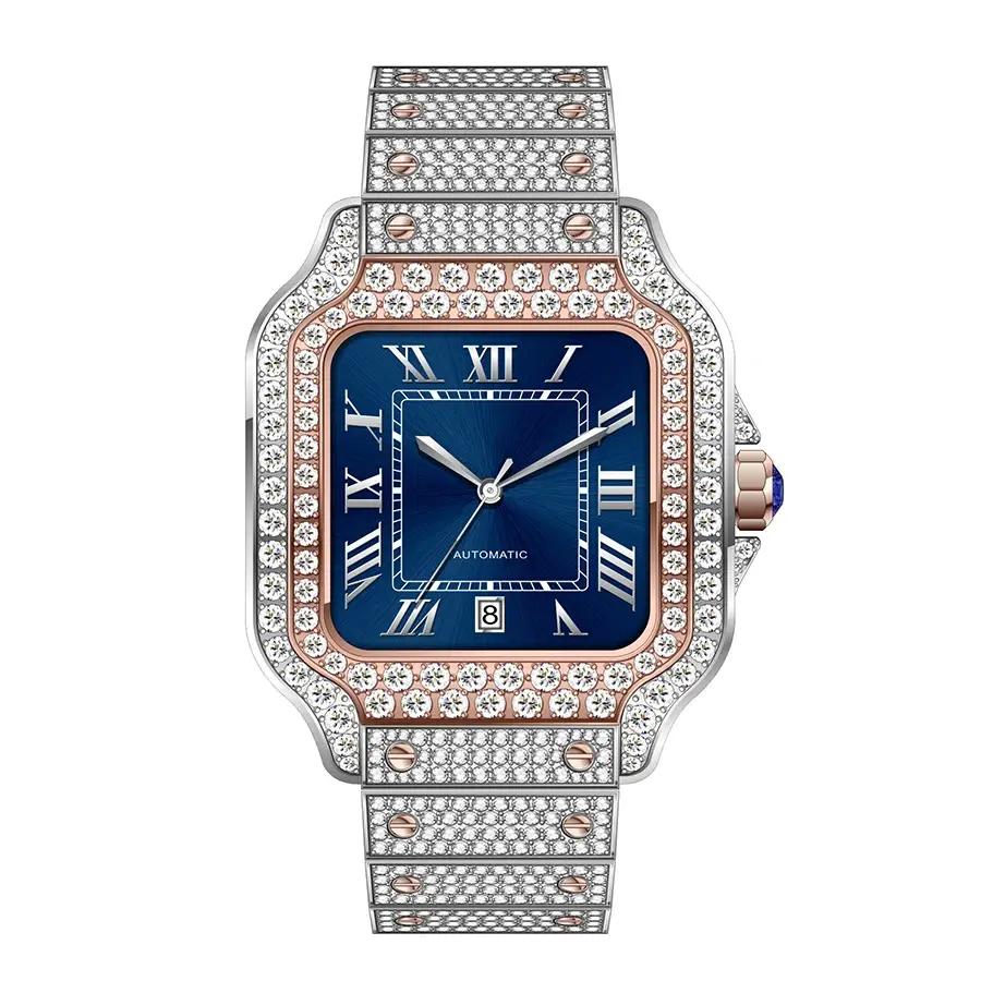 Thumbnail: Luxury watch with blue face and diamond Factory High End Luxury Moissanite Diamond Watch Custom Stainless Steel.
