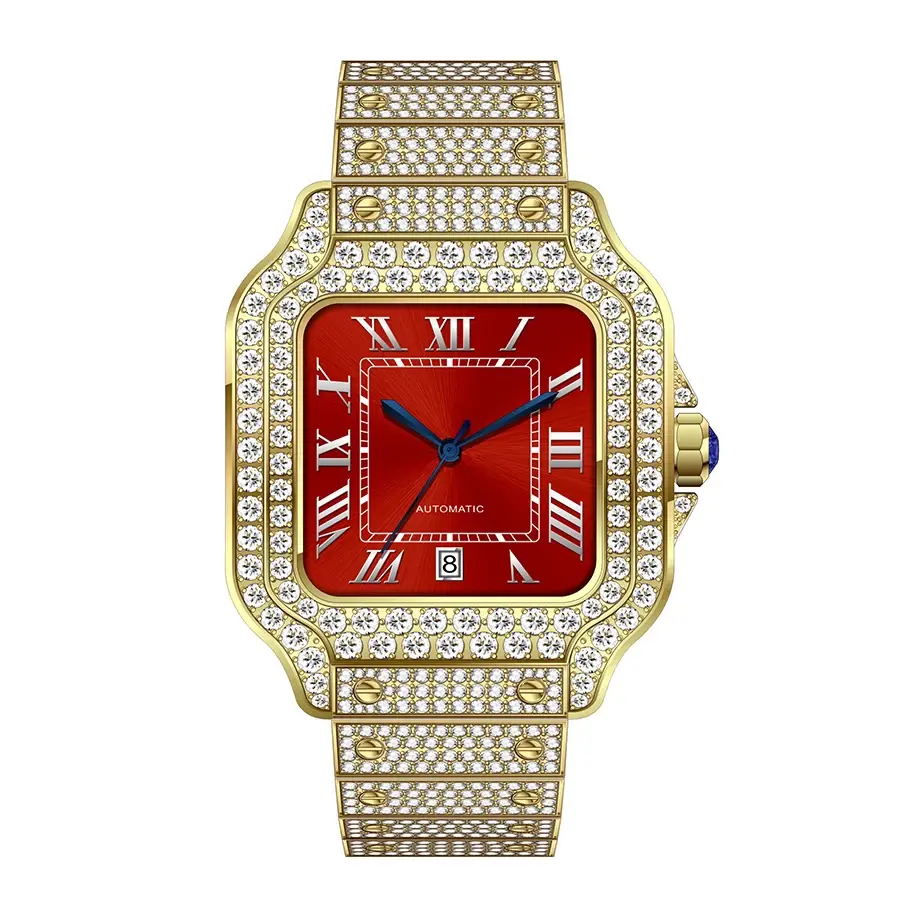Thumbnail: Gold wristwatch with red face and roman numerals; Factory High End Luxury Moissanite Diamond Watch Custom Stainless Steel.