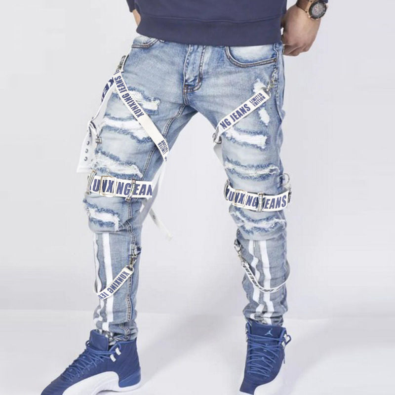 Thumbnail: Street Fashion Hip Hop Jeans Pants With Ribbons Ripped Jeans Men Slim Fit