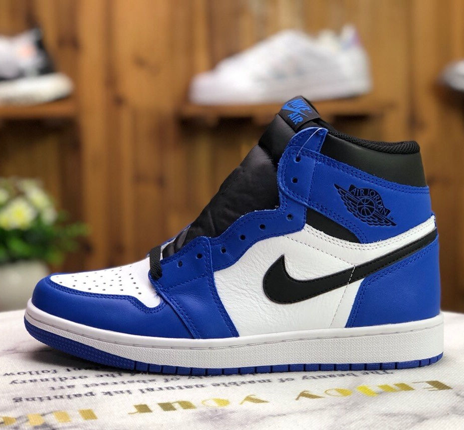 Thumbnail: Blue and white Air Jordan 1 high-top sneaker with black Nike logo. Retro 5  OG 5s Men Shoes Jordon 5 Basketball Shoes.