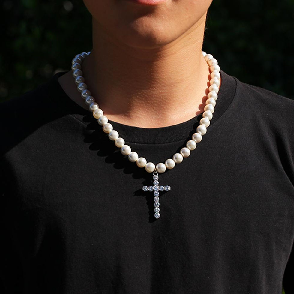 Thumbnail: Man wearing classic pearl necklace with cross pendant, close-up shot.