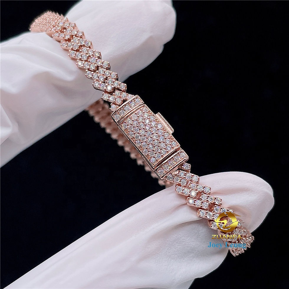 Rose gold diamond bracelet on a white gloved hand, jewelry details present.