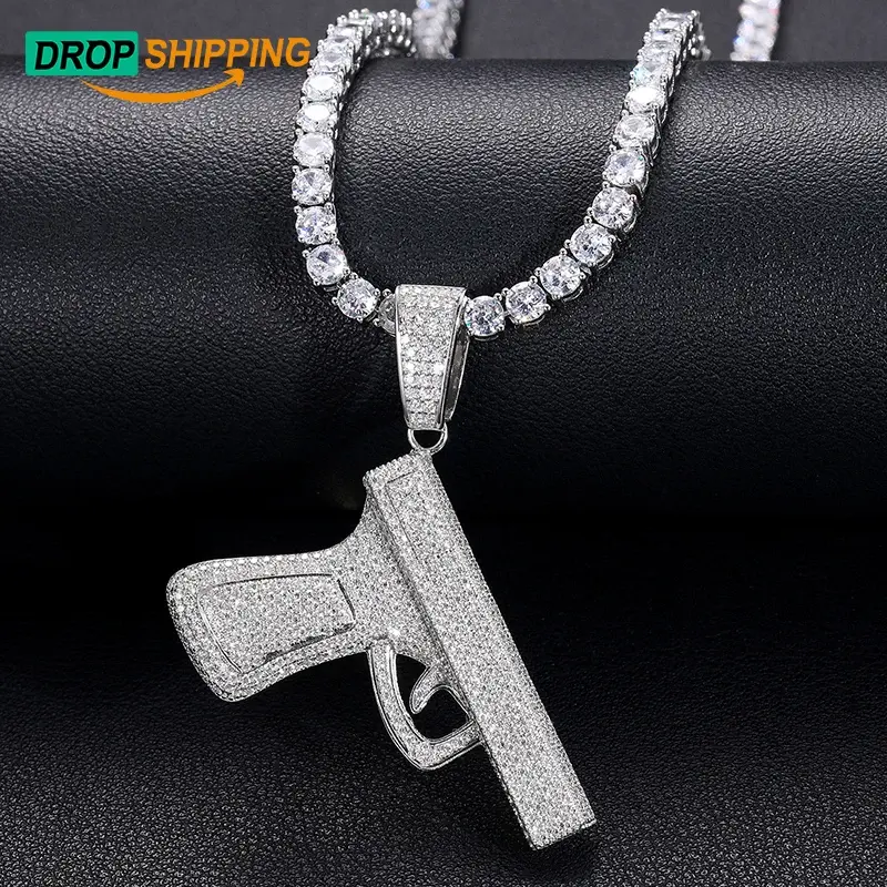 Silver pistol pendant with diamond necklace, the word dropshipping is visible.