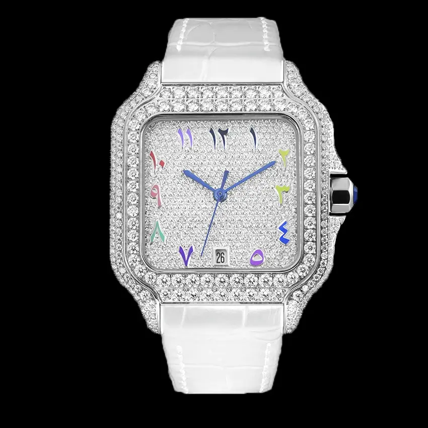 Thumbnail: Luxury diamond watch with Arabic numerals on a white leather strap.