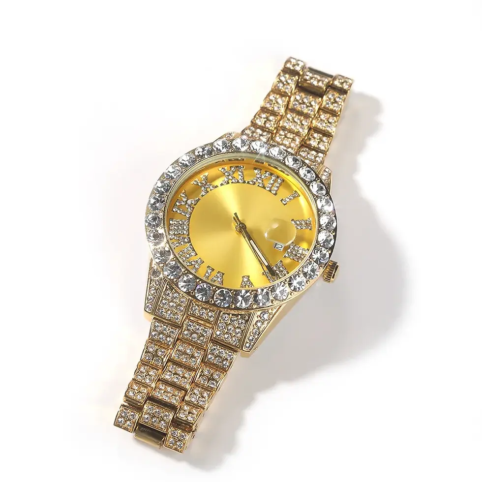 Thumbnail: Gold wristwatch with diamonds on a white background, luxury fashion watch.