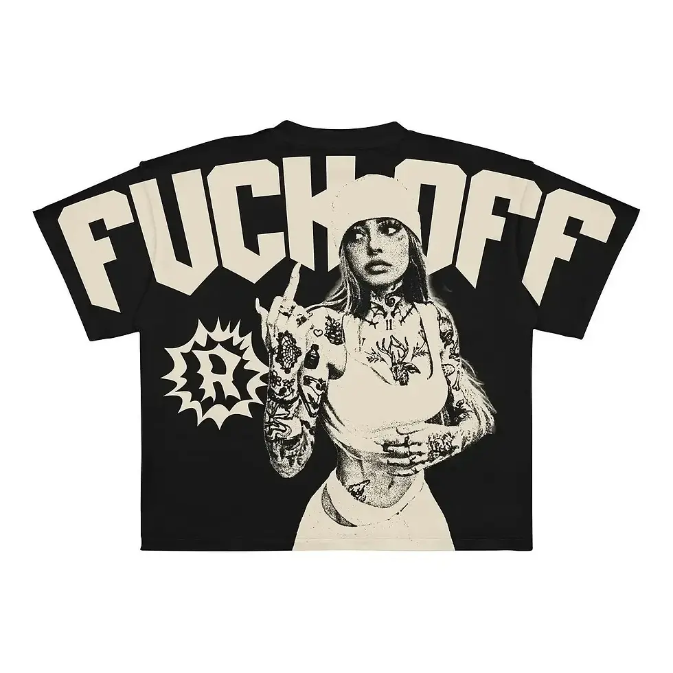 Thumbnail: Black FUCK OFF shirt with woman and skull graphic; The Kingdom Tattoos.