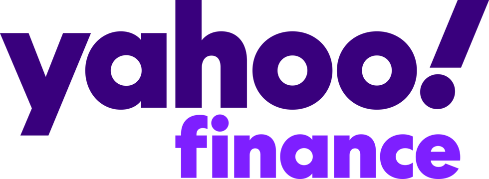 Purple "yahoo! finance" logo on a white background; bold text with playful typography.