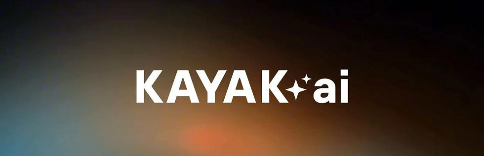 Text "KAYAK ai" with sparkles on a gradient background of dark blue to orange, creating a sleek and futuristic feel.
