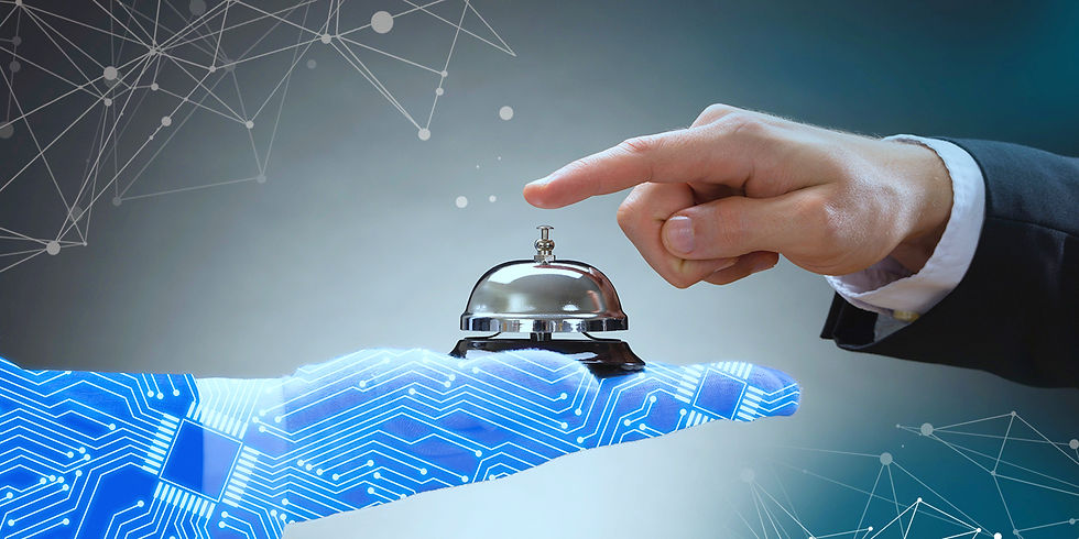 Hand in a suit rings a bell on a digital, circuit-patterned robotic arm. Background features abstract network lines, symbolizing technology.