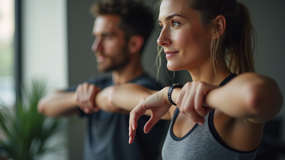 Close-up view of a personal trainer assisting a client with stretching exercises