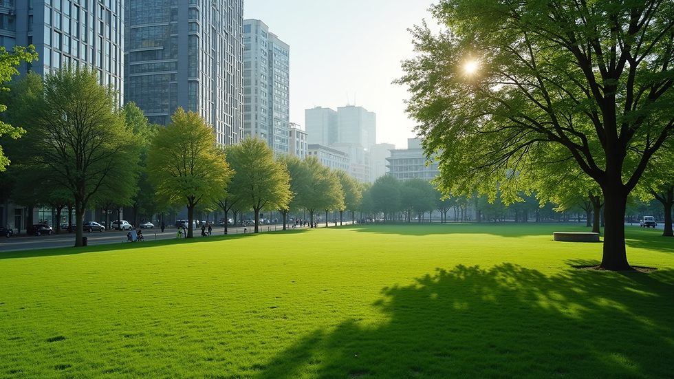 High angle view of a green park near a city area