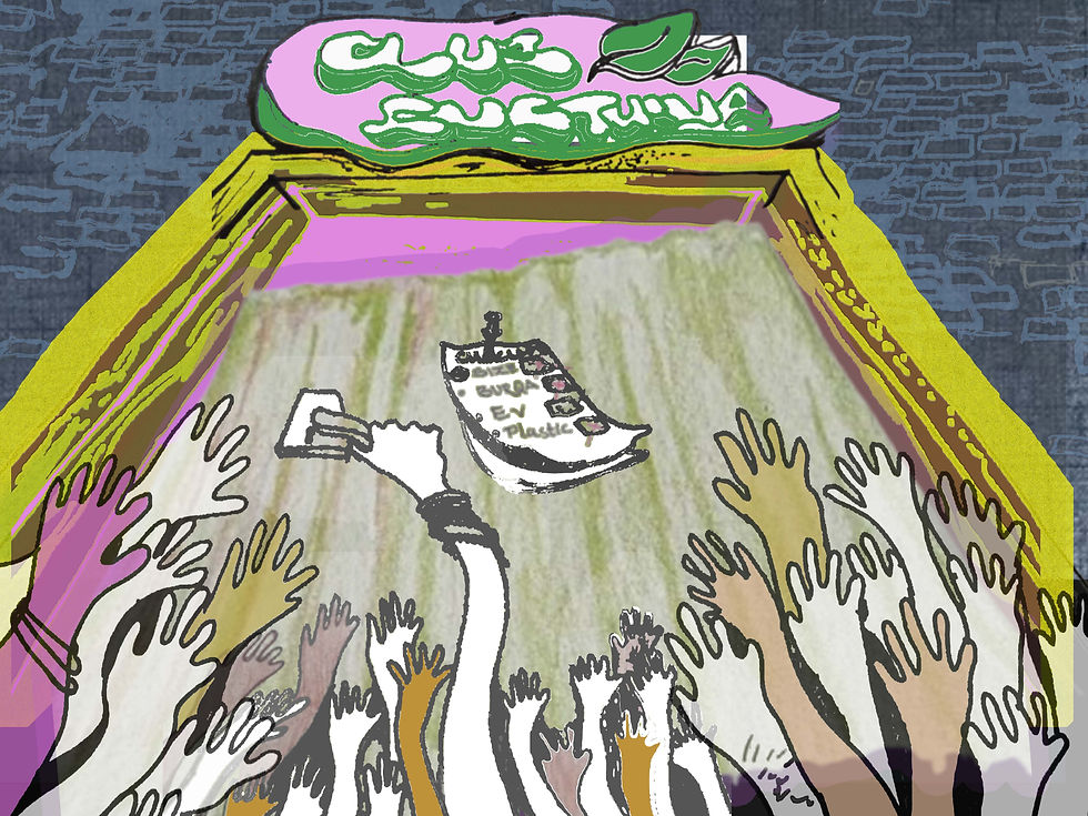 Illustrated crowd of raised hands under a stage with a pink-green sign reading Get Sub... against a blue brick wall.