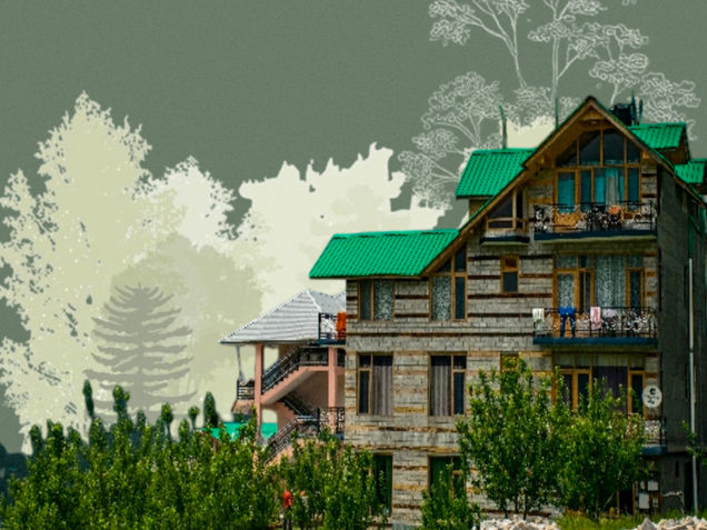 A rustic house with green roofs surrounded by trees. The background features a grey sky with white tree silhouettes. Quiet and serene setting.