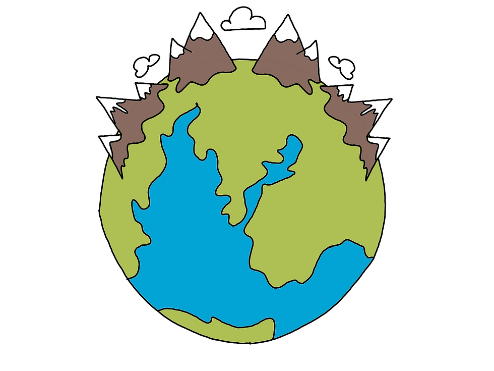 Cartoon Earth with green continents and blue oceans. Brown mountains and white clouds border the top, set against a white background.