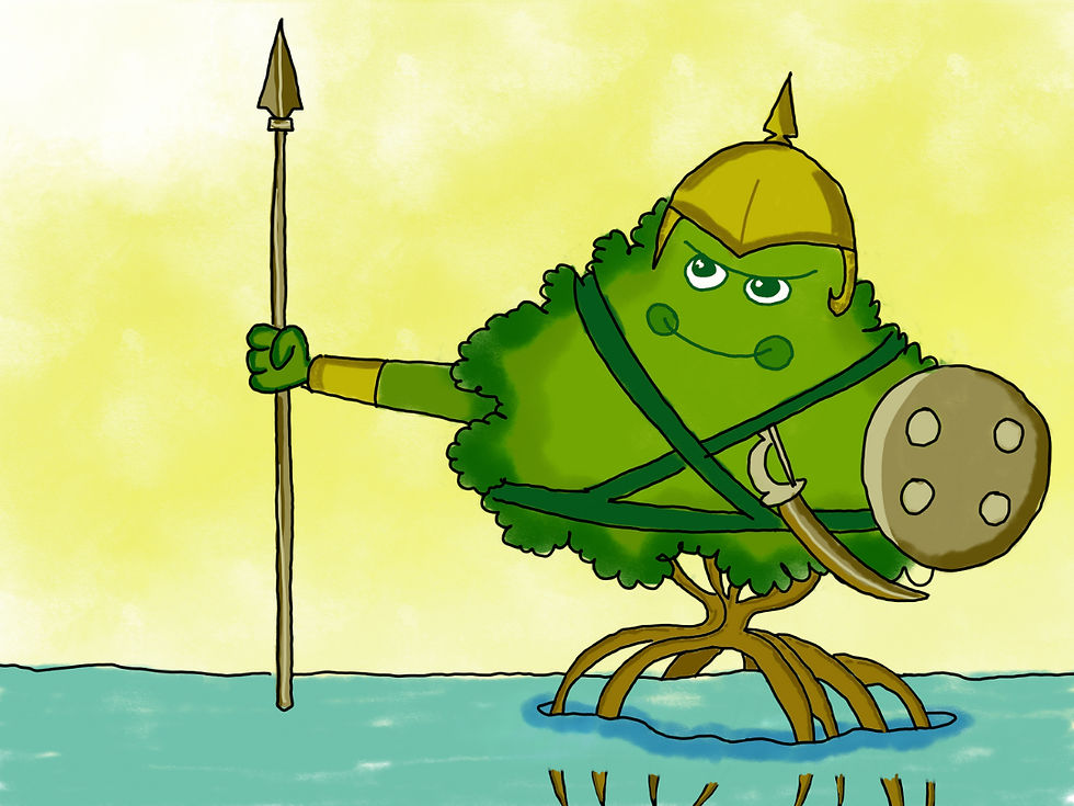 A tree with a face wears armor, holding a spear and shield. It stands in water against a yellow sky, exuding a determined mood.