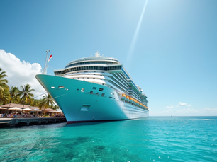A large cruise ship docked at a tropical port, ready for first-time cruisers