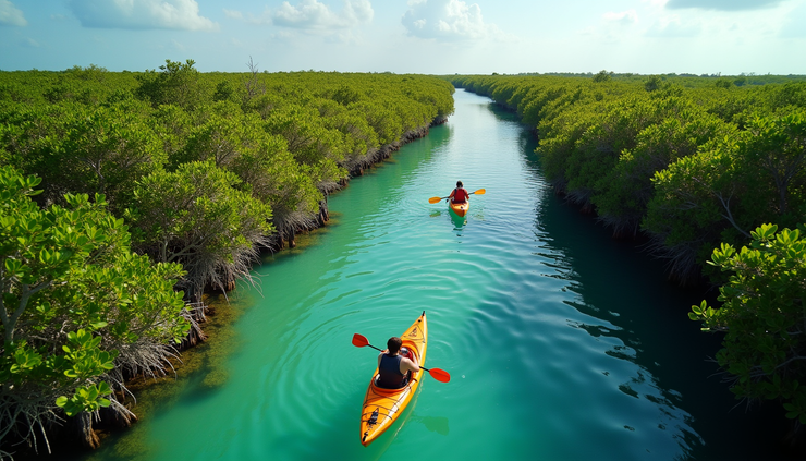 High angle view of kayakers paddling through mangrove-lined waters near Key West