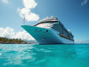 Cruise ship docked at tropical port