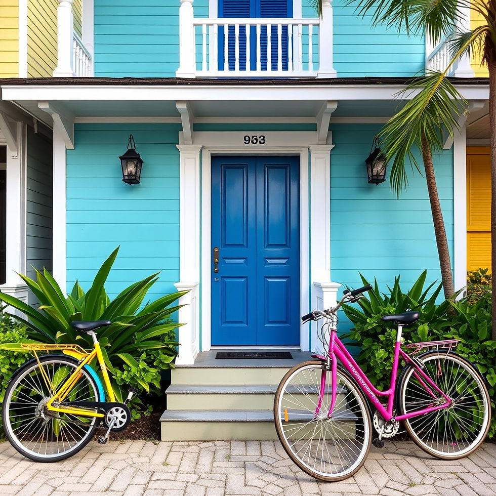 Charming guesthouse entrance with colorful bikes parked by lush greenery, inviting guests for a stay filled with leisurely rides.