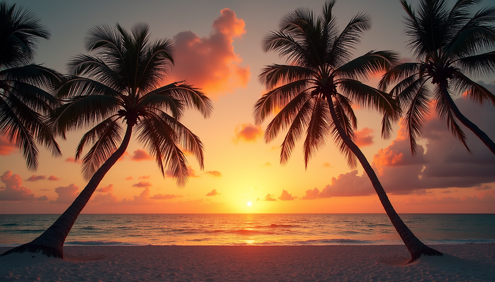 Golden hues paint the sky as the sun dips below the horizon, silhouetting palm trees against the tranquil ocean backdrop.