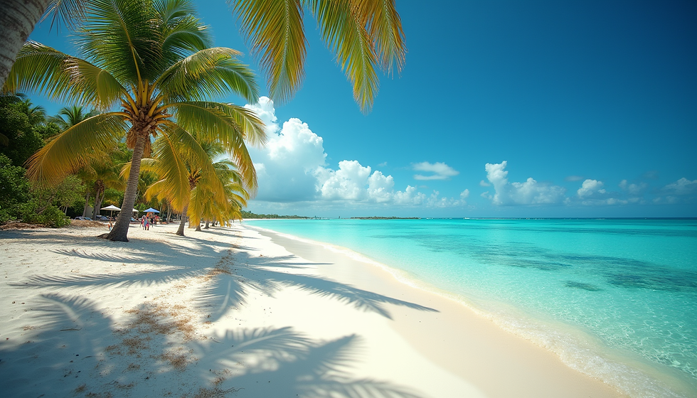 Serene Key West beach lined with palm trees, overlooking crystal-clear turquoise waters under a bright blue sky.