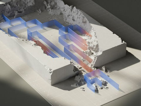 Abstract illustration of translucent pathways passing through a broken concrete barrier.