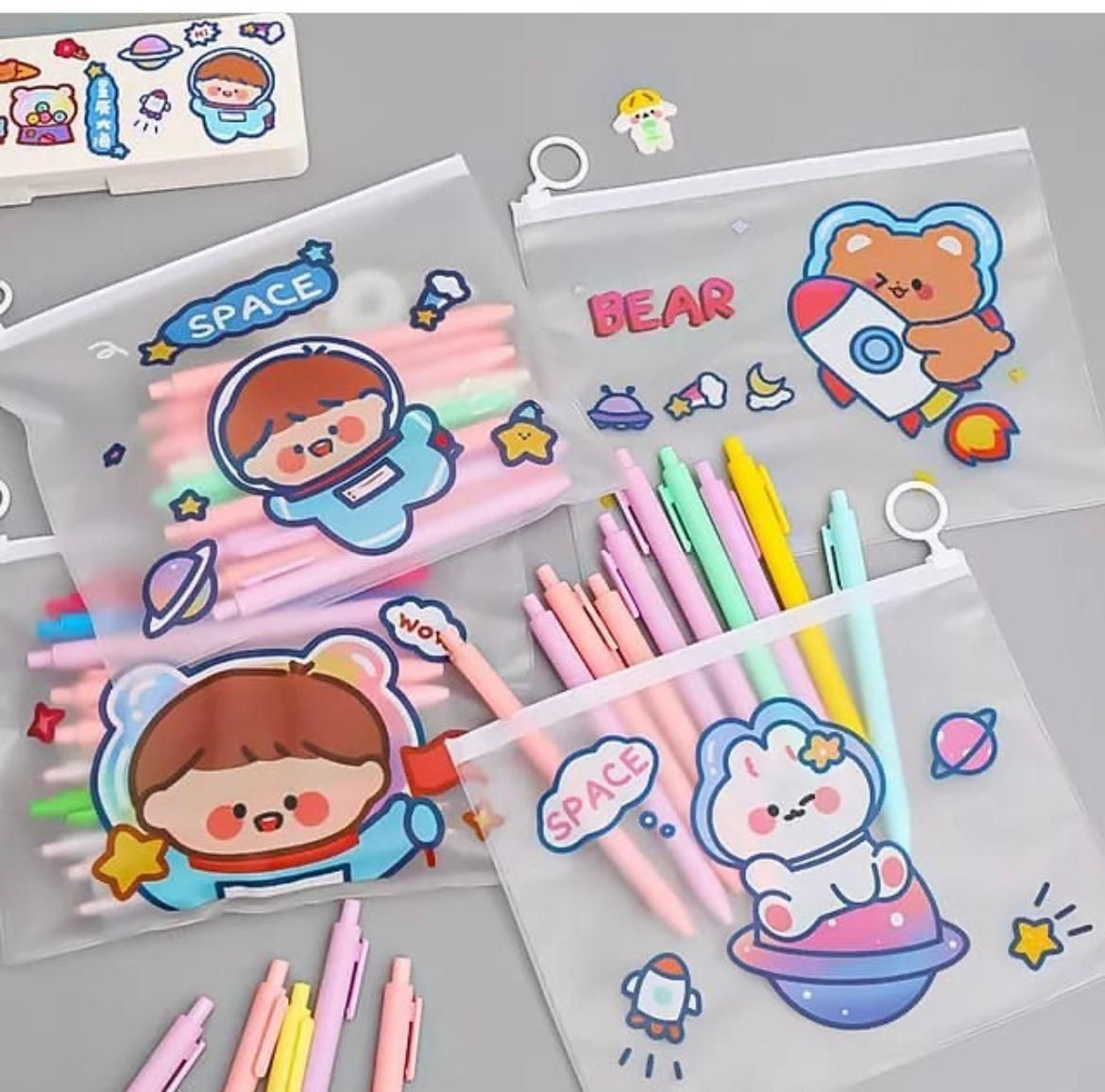 Cute cartoon pen cases with pastel pens