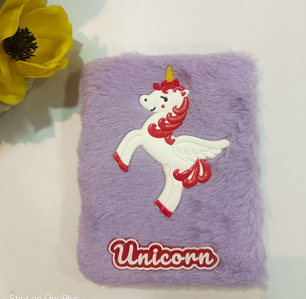 Purple fuzzy notebook with unicorn design
