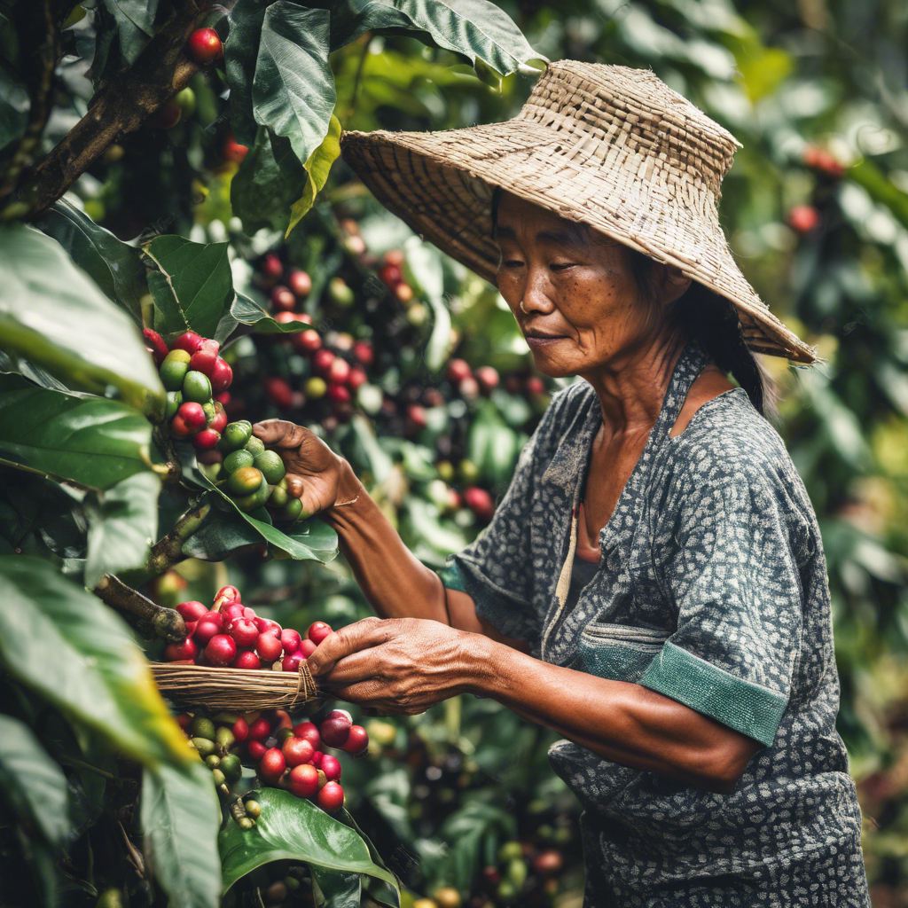 AI Balinese woman harvesting coffee fruits