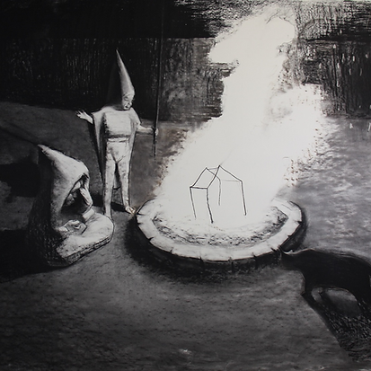 Franklin Ratliff, Major event with bonfire, 2019, charcoal on paper, 56"x62"