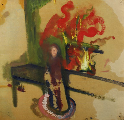 Franklin Ratliff, minor event with rug bleed 2, 2018, oil on paper, 16"x16"