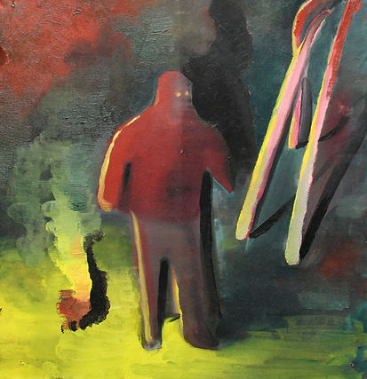 Franklin Ratliff, minor event with glowing eyes, 2019, oil on paper, 16"x16"
