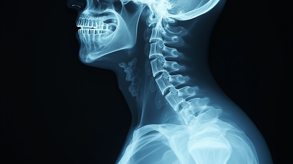 High angle view of a spine X-ray image showing injury after car crash