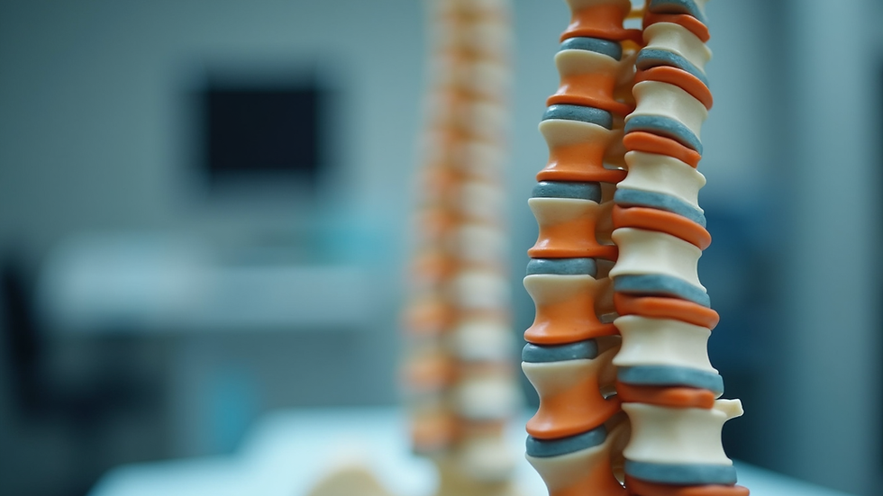 Close-up view of a spinal column model showing vertebrae and discs