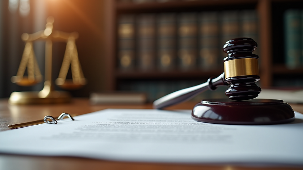Eye-level view of a lawyer’s desk with legal documents and a gavel