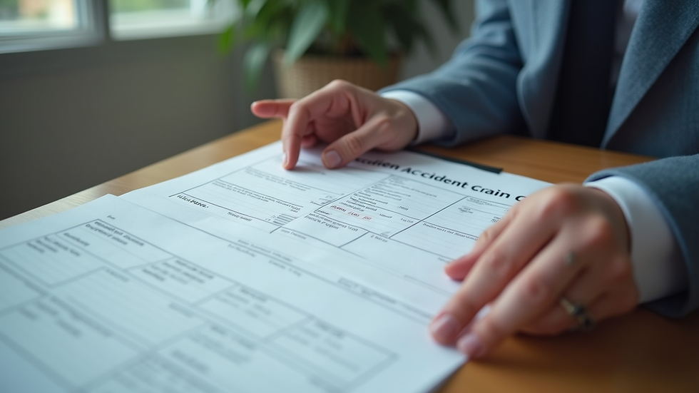 Close-up view of hands holding accident claim documents