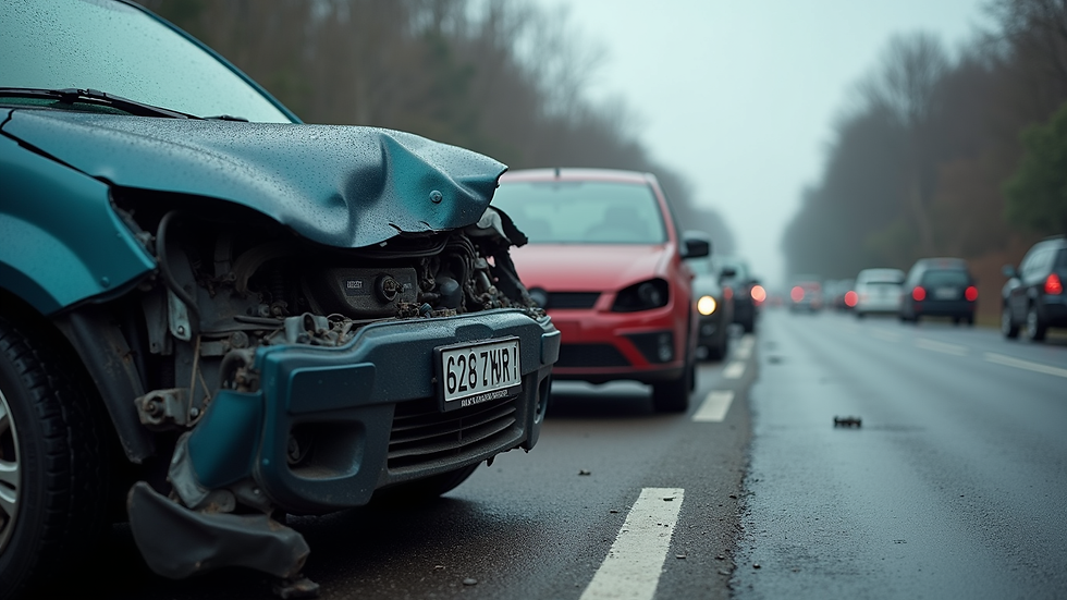 Close-up view of a car accident scene with damaged vehicles