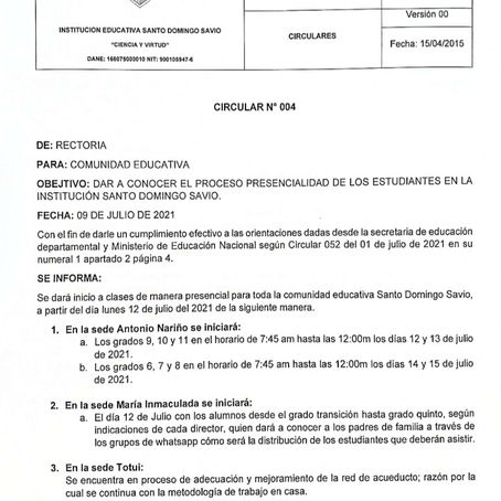 CIRCULAR N°004 DE RECTORIA SOBRE EL PROCESO DE PRESENCIALIDAD DE LA IE SANTO DOMINGO SAVIO.